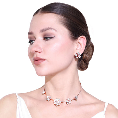 Estele Valentine Special Exclusive Rosegold Finish Intricate Floral Rose Necklace Set with White Crystals A Dazzling Gift of Eternal Love