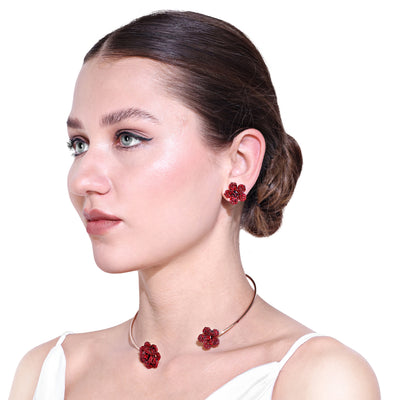 Estele Valentine Special Exclusive Lightweight Ruby Red American Diamond Rose Motif Necklace Set with Rosegold Finish A Dazzling Gift of Eternal Love