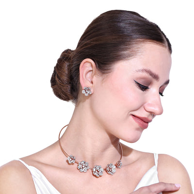 Estele Valentine Special Gorgeous American Diamond Classic Floral Rose Necklace Set with Luxurious Rosegold Finish Perfect for Elegant Occasions