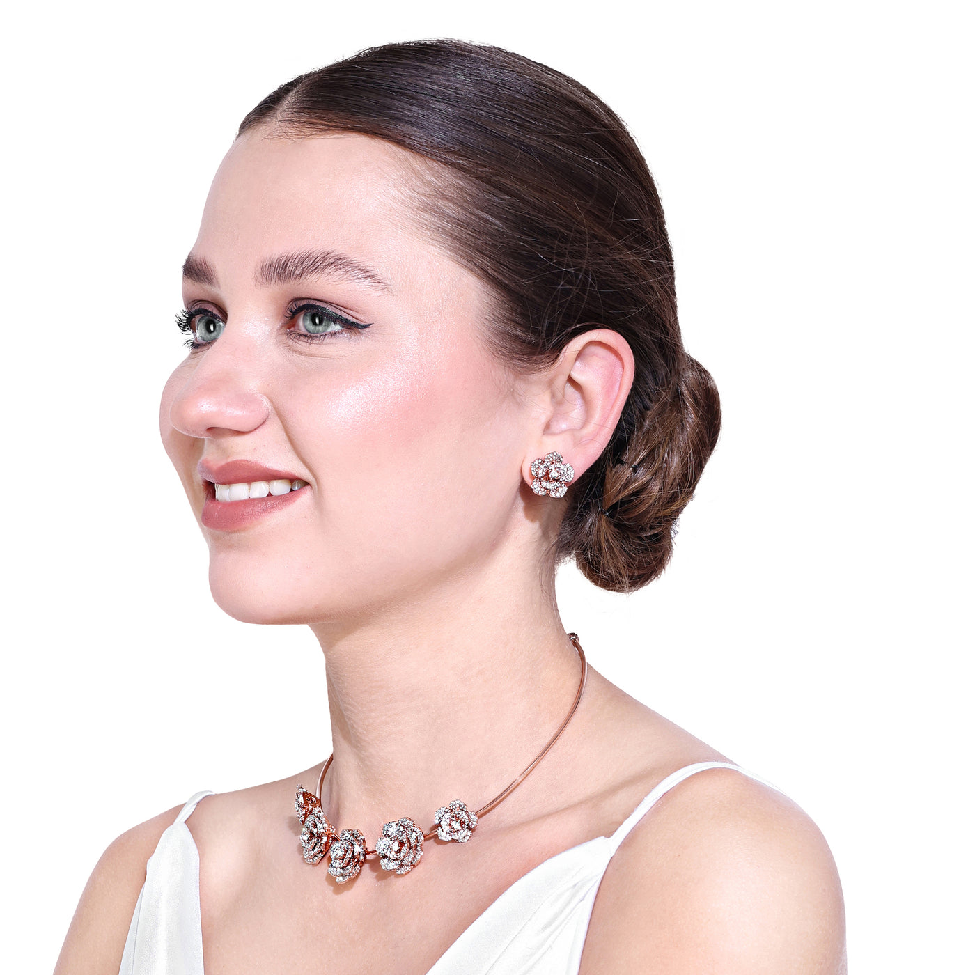 Estele Valentine Special Gorgeous American Diamond Classic Floral Rose Necklace Set with Luxurious Rosegold Finish Perfect for Elegant Occasions