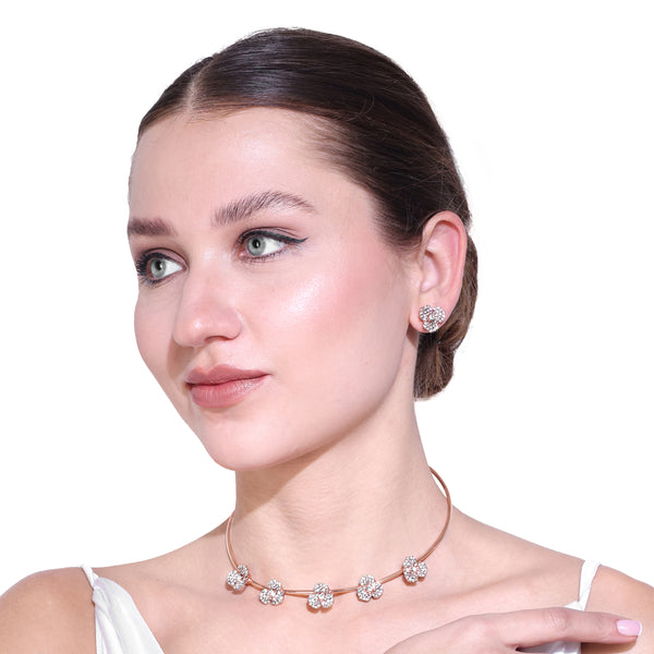 Estele Rose Collection Luxurious Rosegold Plated Exquisite Floral Rose Necklace Set with White Crystals A Dazzling Gift of Eternal Love