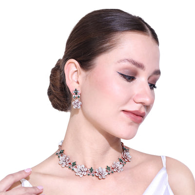 Estele Valentine Special Green & White American Diamond Nature-Inspired Floral Rose Necklace Set with Premium Rosegold Finish A Perfect Gift of Love