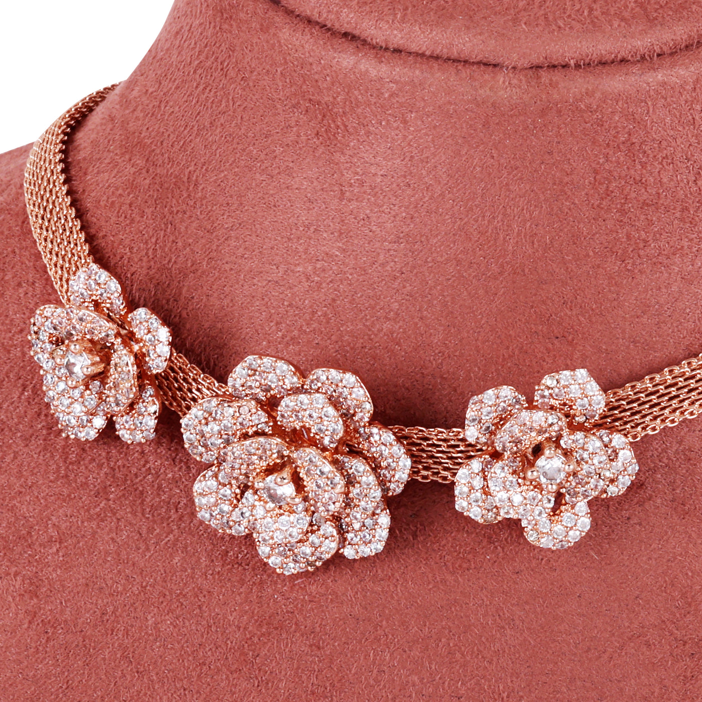 Estele Valentine Special Ã¢â‚¬â€œ Exclusive White American Diamond Rose Motif Necklace Set with Premium Rosegold Finish Ã¢â‚¬â€œ A Must-Have Statement Piece