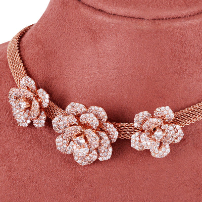 Estele Valentine Special Exclusive White American Diamond Rose Motif Necklace Set with Premium Rosegold Finish A Must-Have Statement Piece