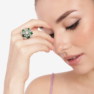 Estele Rhodium Plated CZ Captivating Floral Finger Ring with Green Stones for Women(Adjustable)