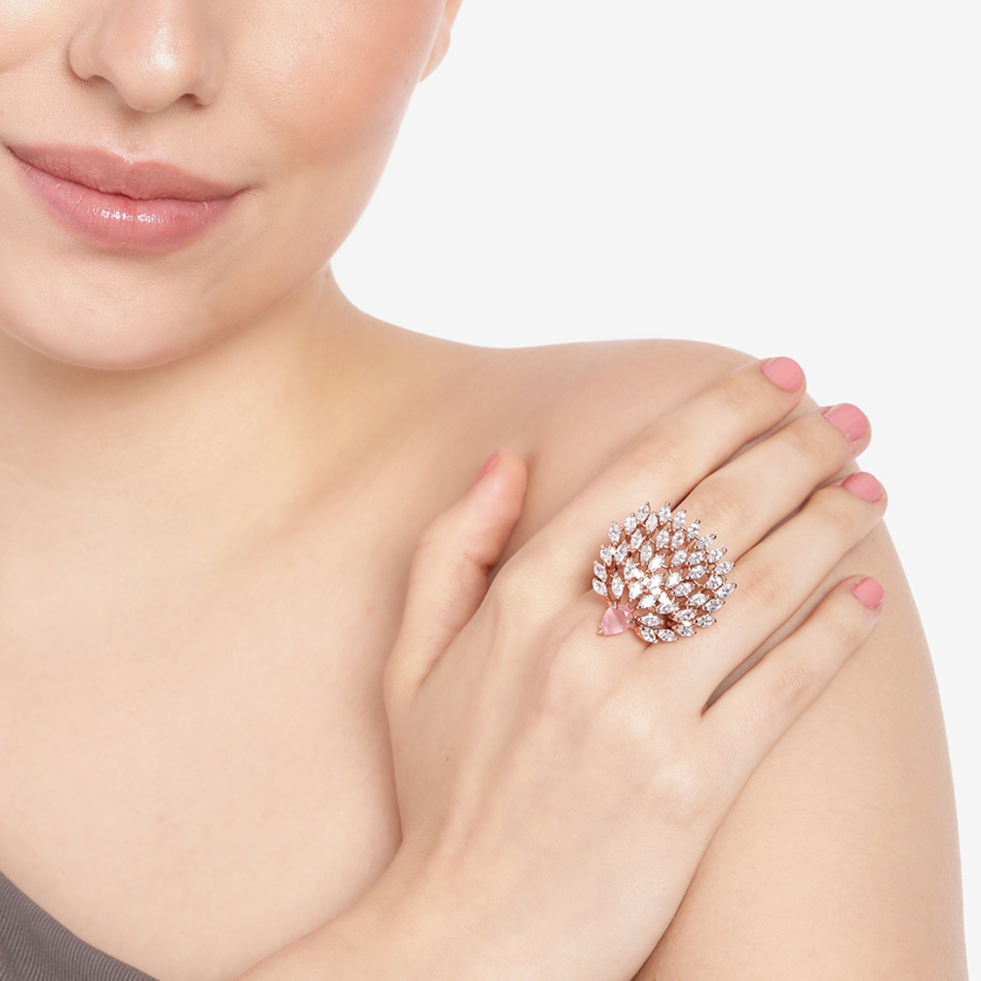 Estele Rose Gold Plated CZ Ravishing Finger Ring with Mint Pink Stones for Women(Adjustable)