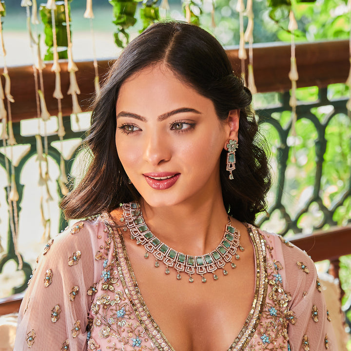Estele Rose Gold Plated CZ Glimmering Dulhan Necklace Set with Mint Green and White Crystals for Women