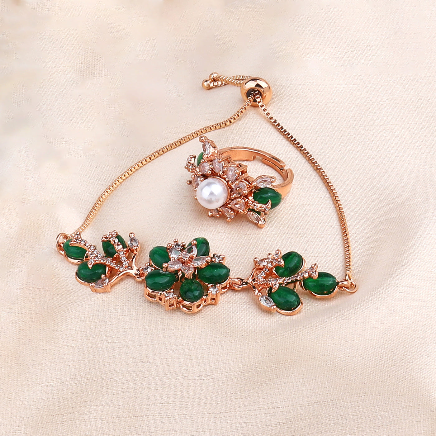 Estele Exclusive Floral Elegance – Premium Rosegold Plated Lightweight Bracelet & Ring Combo with Green Beads for Women (Adjustable for a Perfect Fit)