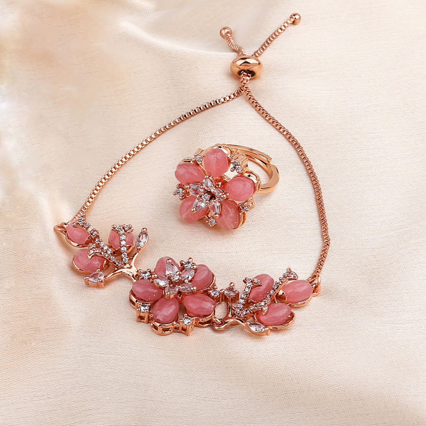 Estele Exclusive Floral Elegance Luxurious Rosegold Plated Lightweight Floral Bracelet & Ring Combo with Mint Pink Beads for Women (Adjustable Sizes)