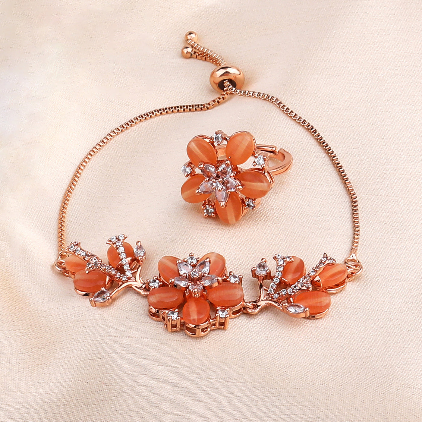 Estele Majestic Floral Charm Premium Rosegold Plated Adjustable Bracelet & Ring Combo with Elegant Mint Orange Beads A Perfect Fit for Every Wrist