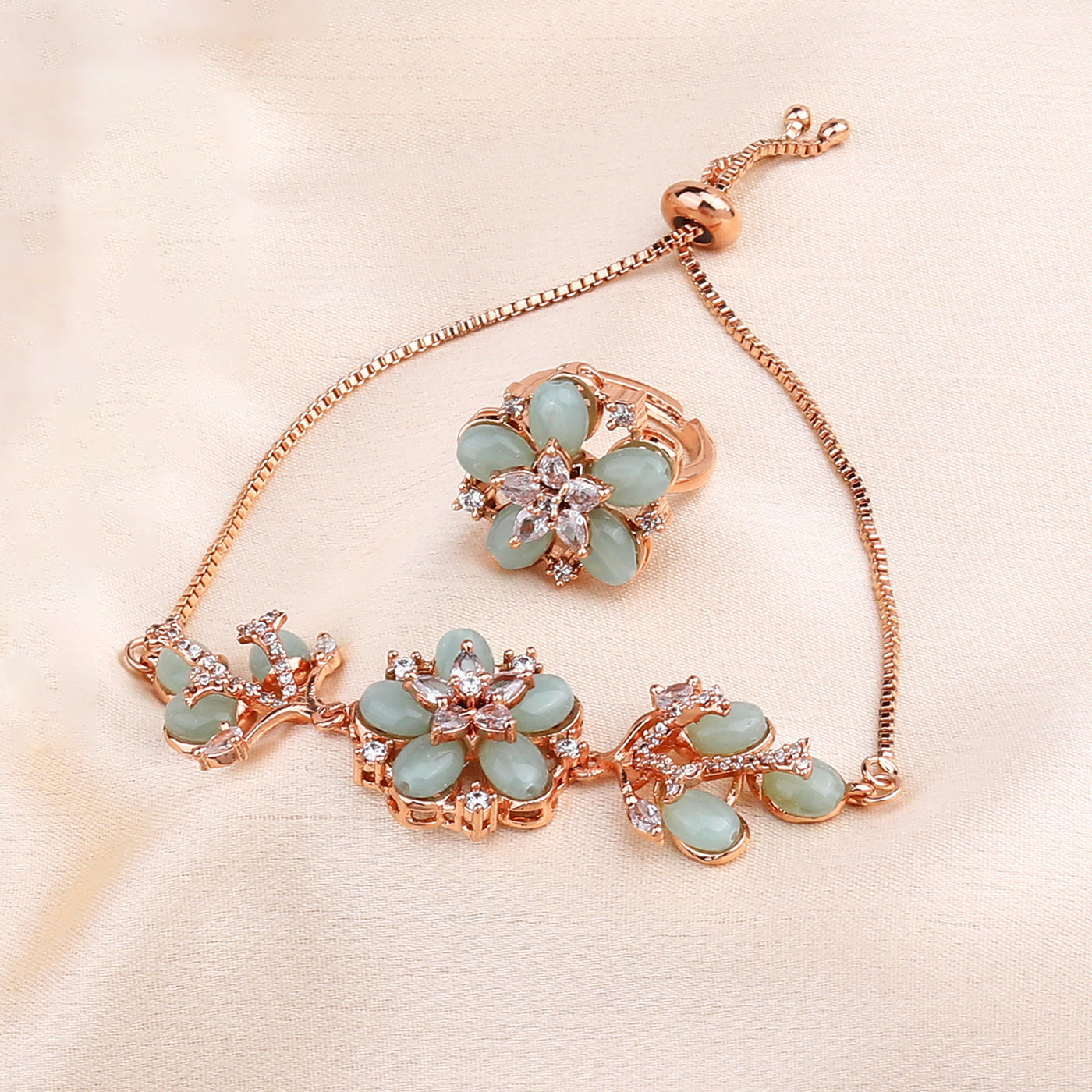 Estele Prestige Floral Radiance – Exclusive Rosegold Plated Adjustable Bracelet & Finger Ring Combo with Mint Green Beads – A Symbol of Grace & Luxury