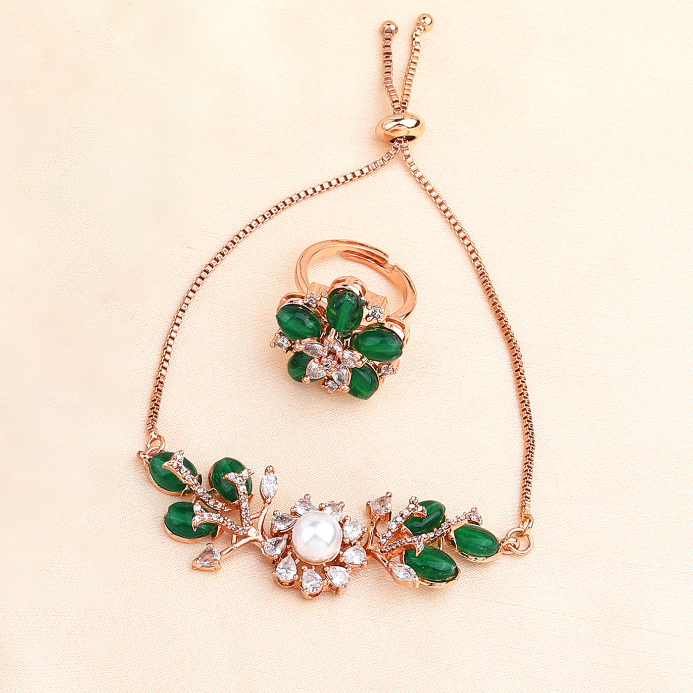 Estele Blooming Elegance – Exclusive Rosegold Plated Adjustable Floral Bracelet & Ring Combo with Gorgeous Green Beads –  An Effortless Touch of Elegance