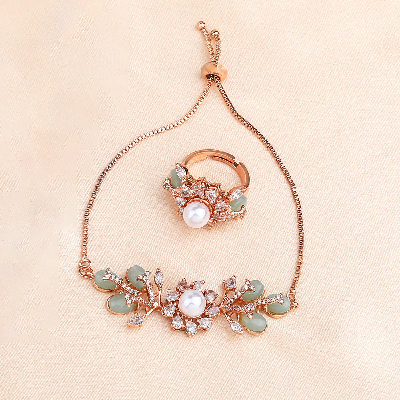 Estele Majestic Floral Charm – Rosegold Plated Stylish Floral Adjustable Bracelet & Ring Combo with Radiant Mint Green Beads – A Perfect Fit for Every Wrist