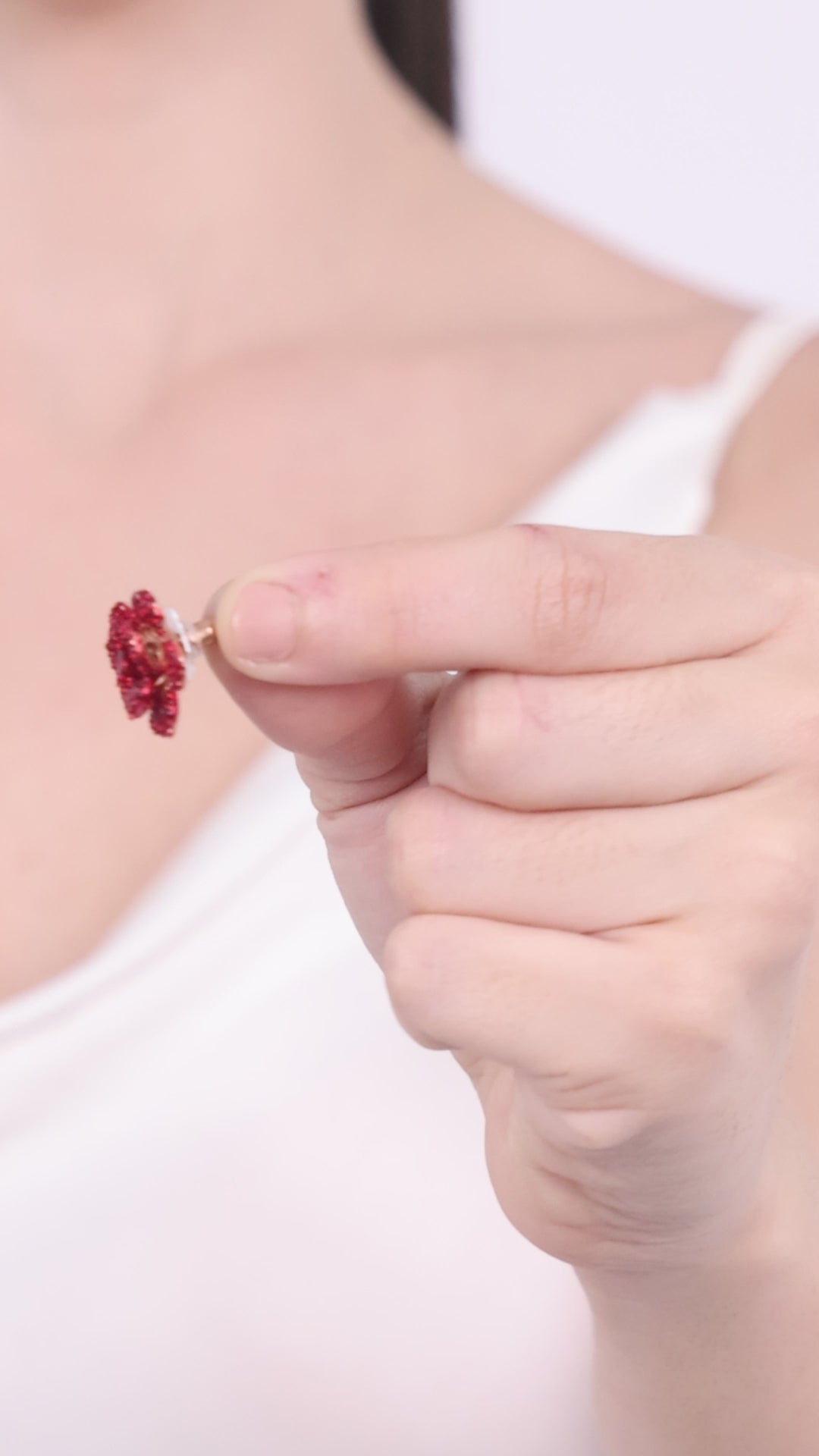 Estele Rose Collection – Dazzling Ruby Red American Diamond Rose Motif Stud Earrings with Luxurious Rosegold Finish – A Classic Gift of Eternal Romance