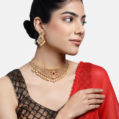 Estele Gold Plated CZ Sleek Designer Bridal Choker Set with Pearls & Colored Stones for Women