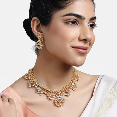 Estele Gold Plated CZ Machlipatnam Bridal Necklace Set with Pearls & Colored Crystals for Women
