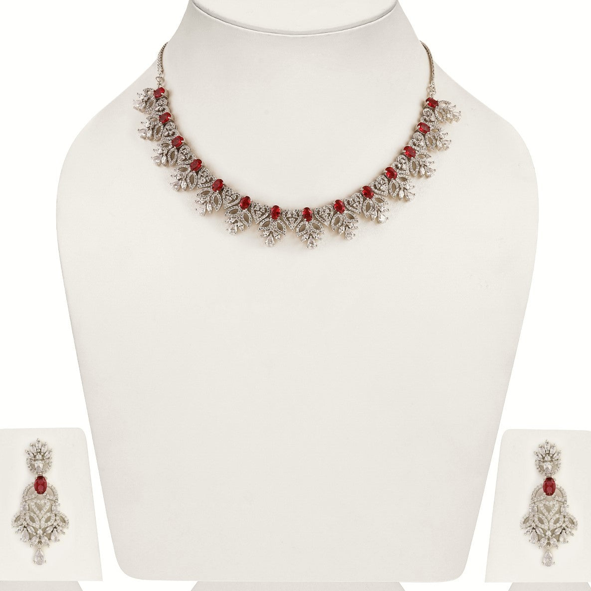 Estele Rhodium Plated CZ Ornamented Necklace set with Ruby stones for Women