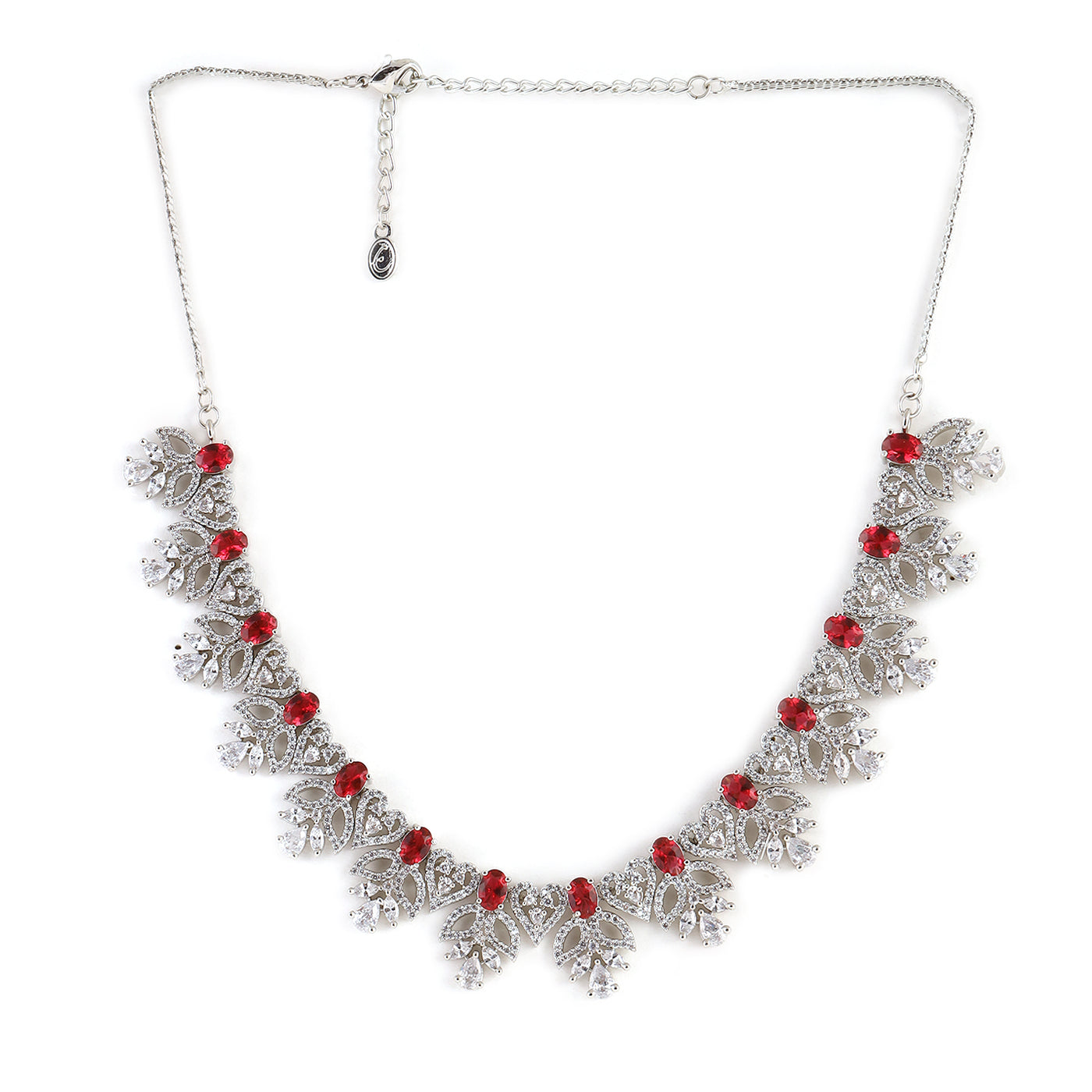 Estele Rhodium Plated CZ Ornamented Necklace set with Ruby stones for Women