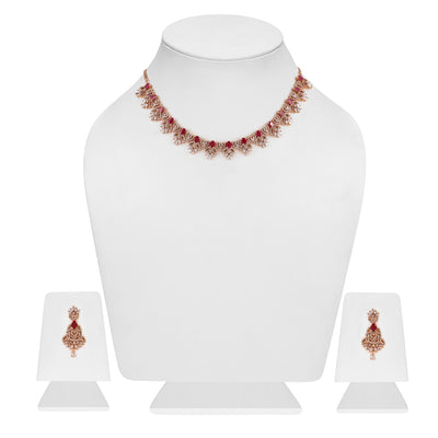 Estele Rose Gold Plated CZ Ornamented Necklace set with Red colored stones for Women