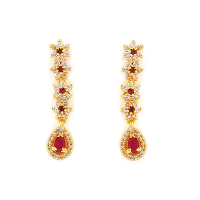 Estele Gold Plated CZ Floral Line Bridal Necklace Set with Ruby Crystals for Women