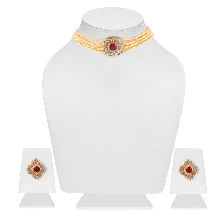 Estele - Ruby Diamond and Pearl Choker Necklace Set