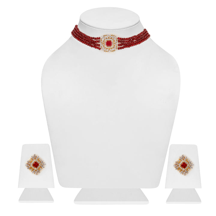 Estele Gold Plated- Ruby Diamond and red beads Choker Square Necklace Set