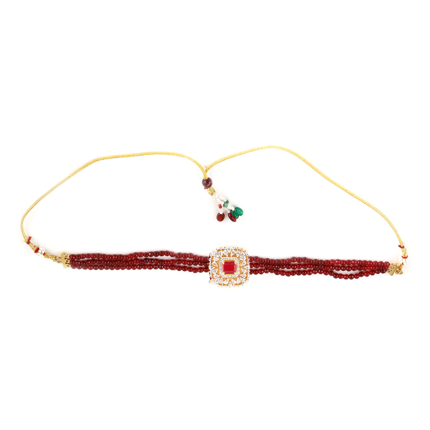 Estele Gold Plated- Ruby Diamond and red beads Choker Square Necklace Set