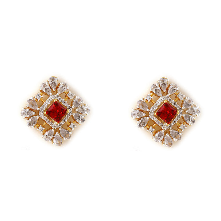 Estele Gold Plated- Ruby Diamond and red beads Choker Square Necklace Set