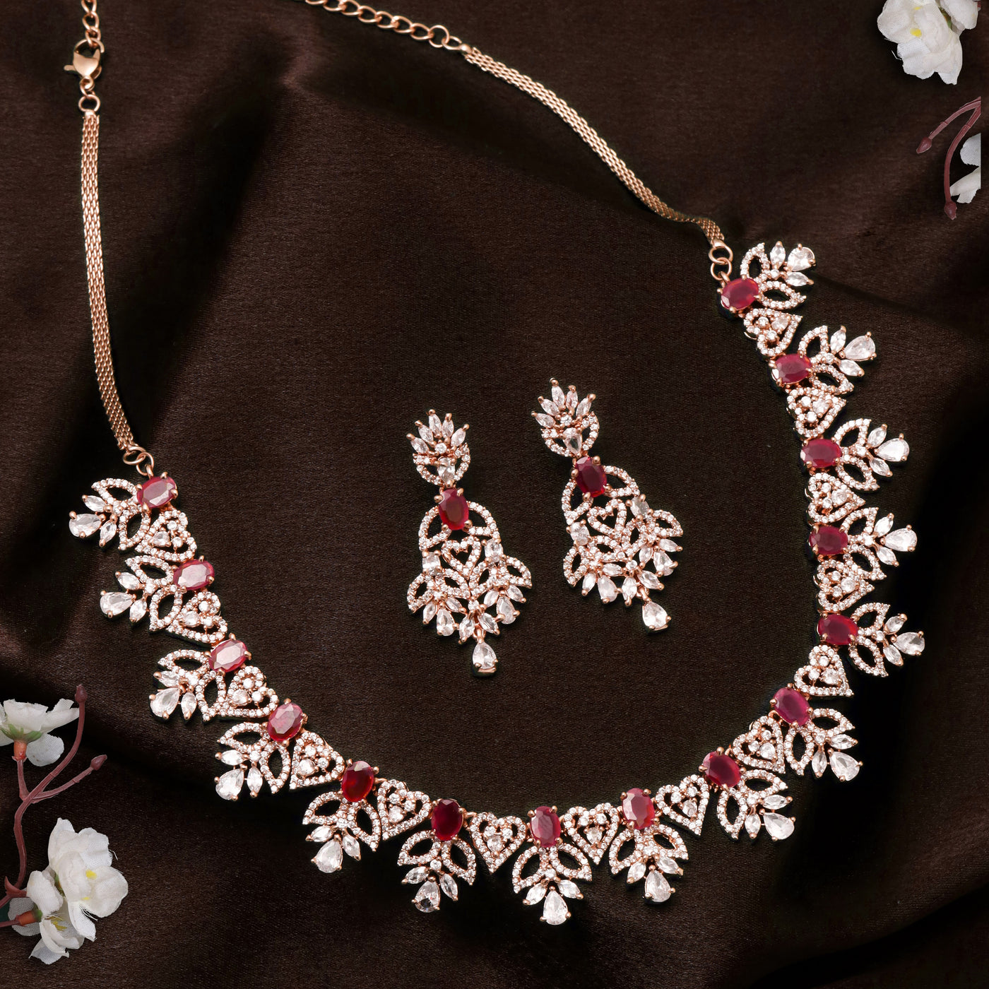 Estele Rose Gold Plated CZ Ornamented Necklace set with Red colored stones for Women