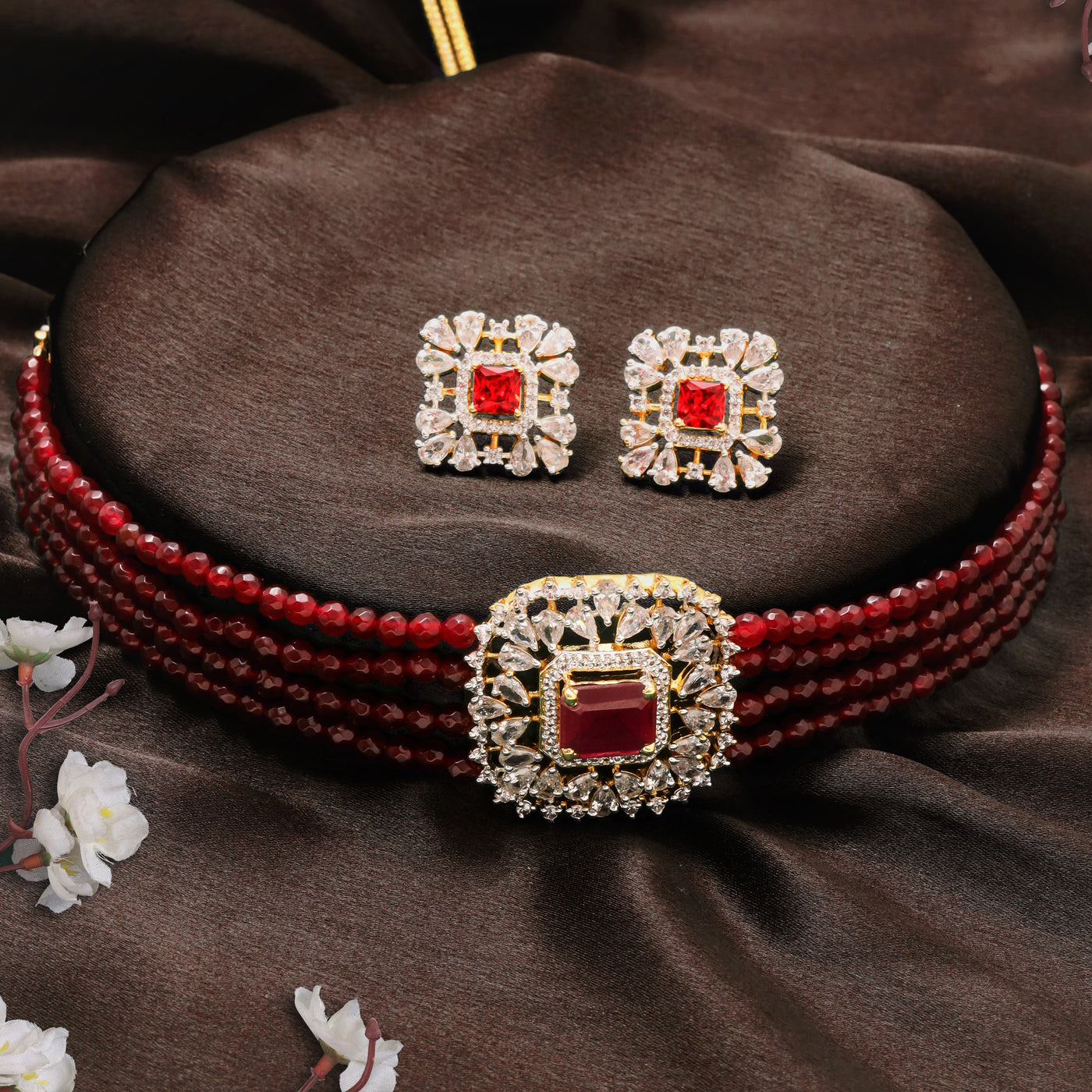 Estele Gold Plated- Ruby Diamond and red beads Choker Square Necklace Set