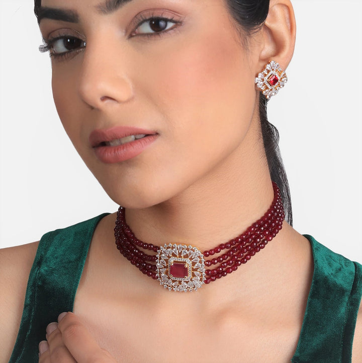 Estele Gold Plated- Ruby Diamond and red beads Choker Square Necklace Set