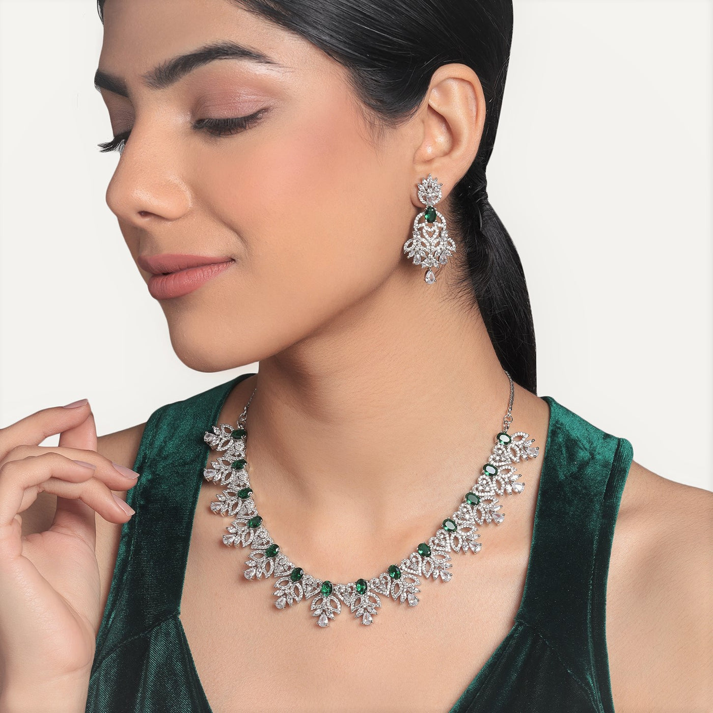 Estele Rhodium Plated CZ Green Glory Designer Necklace Set with Green Colored Stones for Women