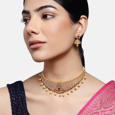 Estele Gold Plated CZ Fascinating Bridal Necklace Set with Colored Stones & Pearls