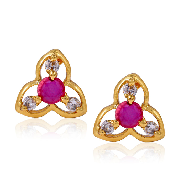 Estele Gold Plated CZ Floral Stud Earrings with Ruby Stones for Women
