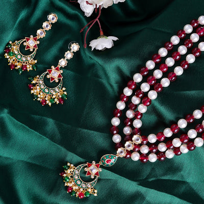 Estele - Traditional Kundan and Ruby and white Pearls Necklace Set for women