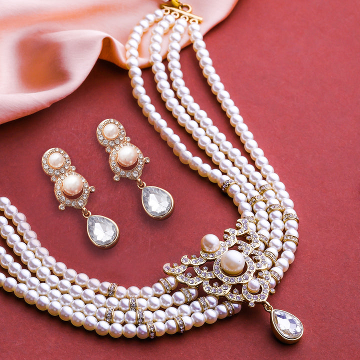 Estele Gold Plated- Elegant Pearl and Diamond Choker Necklace set for Women