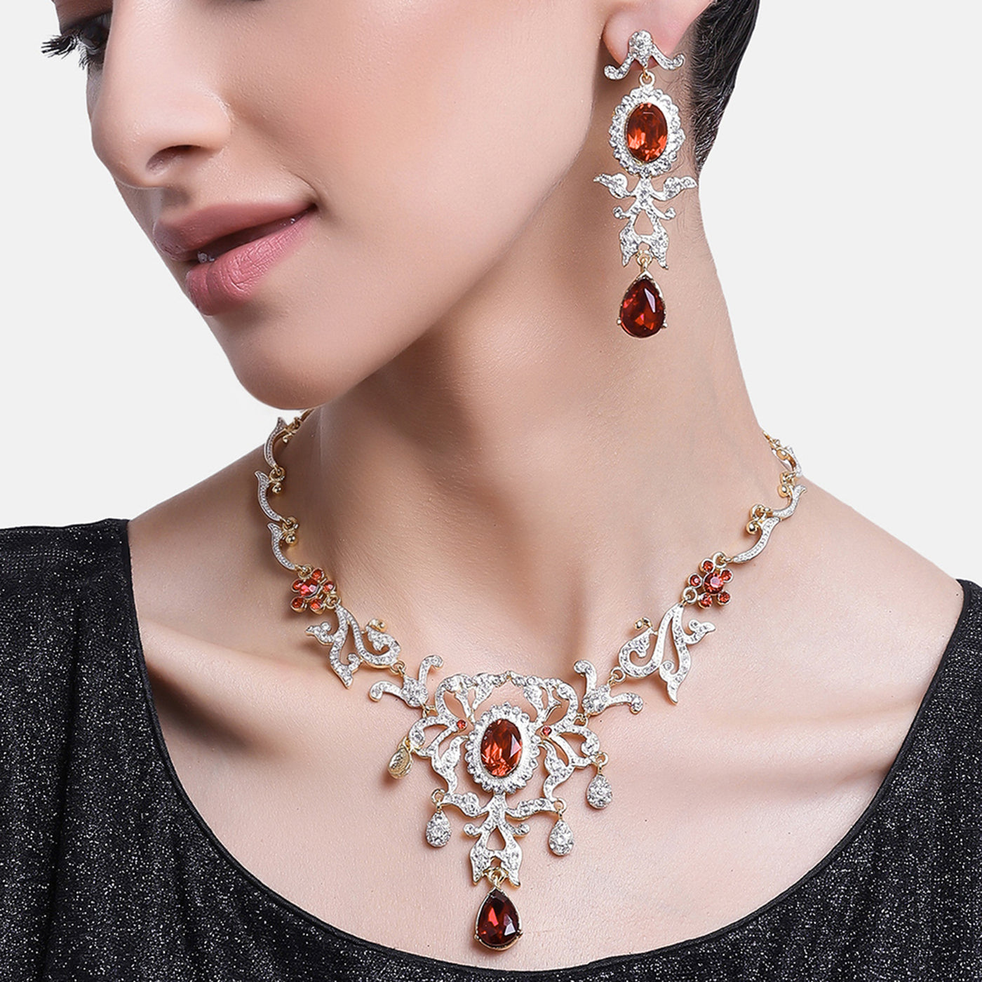 Estele - 24 KT Charming Gold and silver plated with Royal Ruby American Diamond Necklace Set for Women