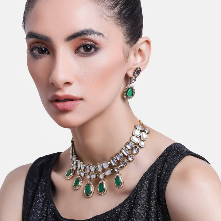 ESTELE - Traditional Polki and Emrald stones with American Diamond Necklace set for Women