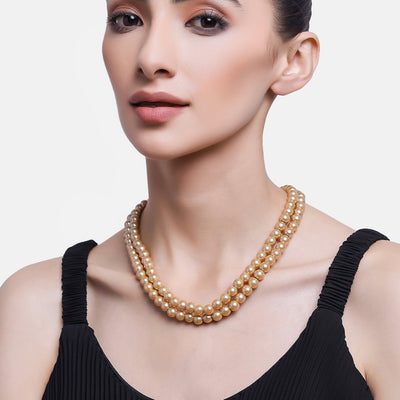Estele Gold Plated Sparkling Double Line Pearl Necklace Set for Women