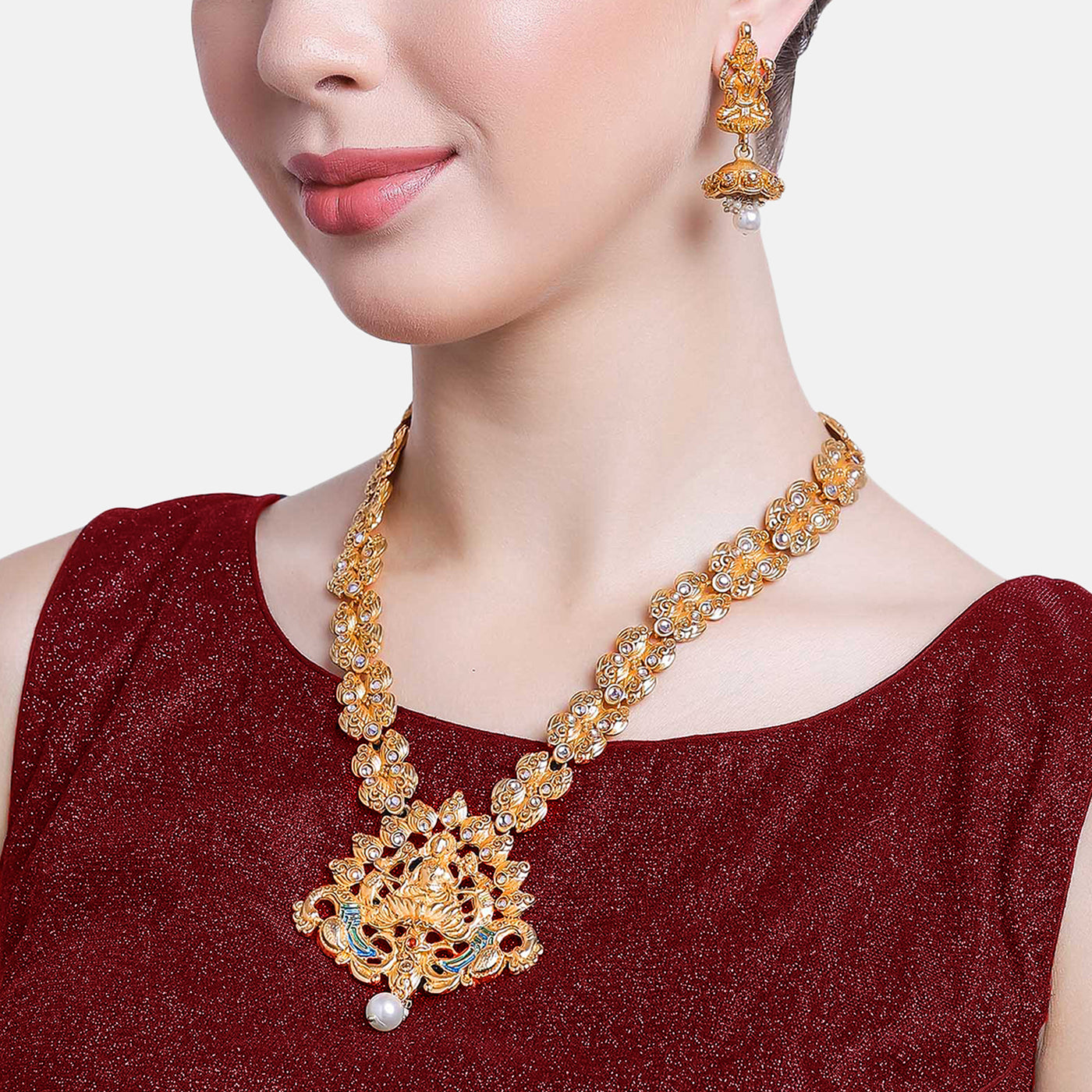 Traditional polki Antique Gold-Plated Laxmi Haar Necklace Set