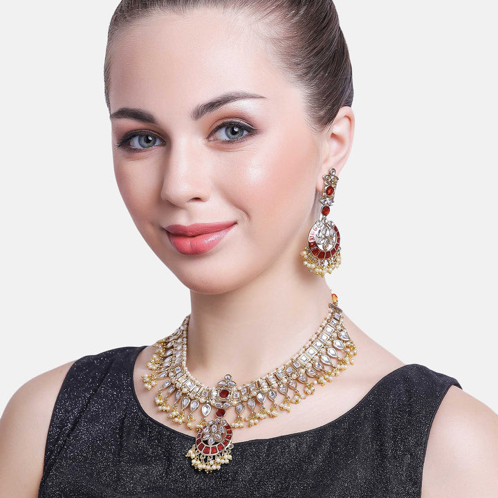 Estele Gold Plated Flexible Kundan Necklace Set with Enamel for Women