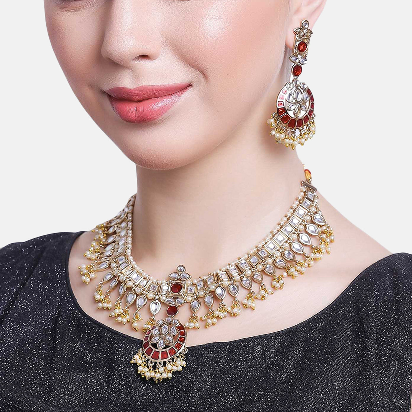 Estele Gold Plated Flexible Kundan Necklace Set with Enamel for Women
