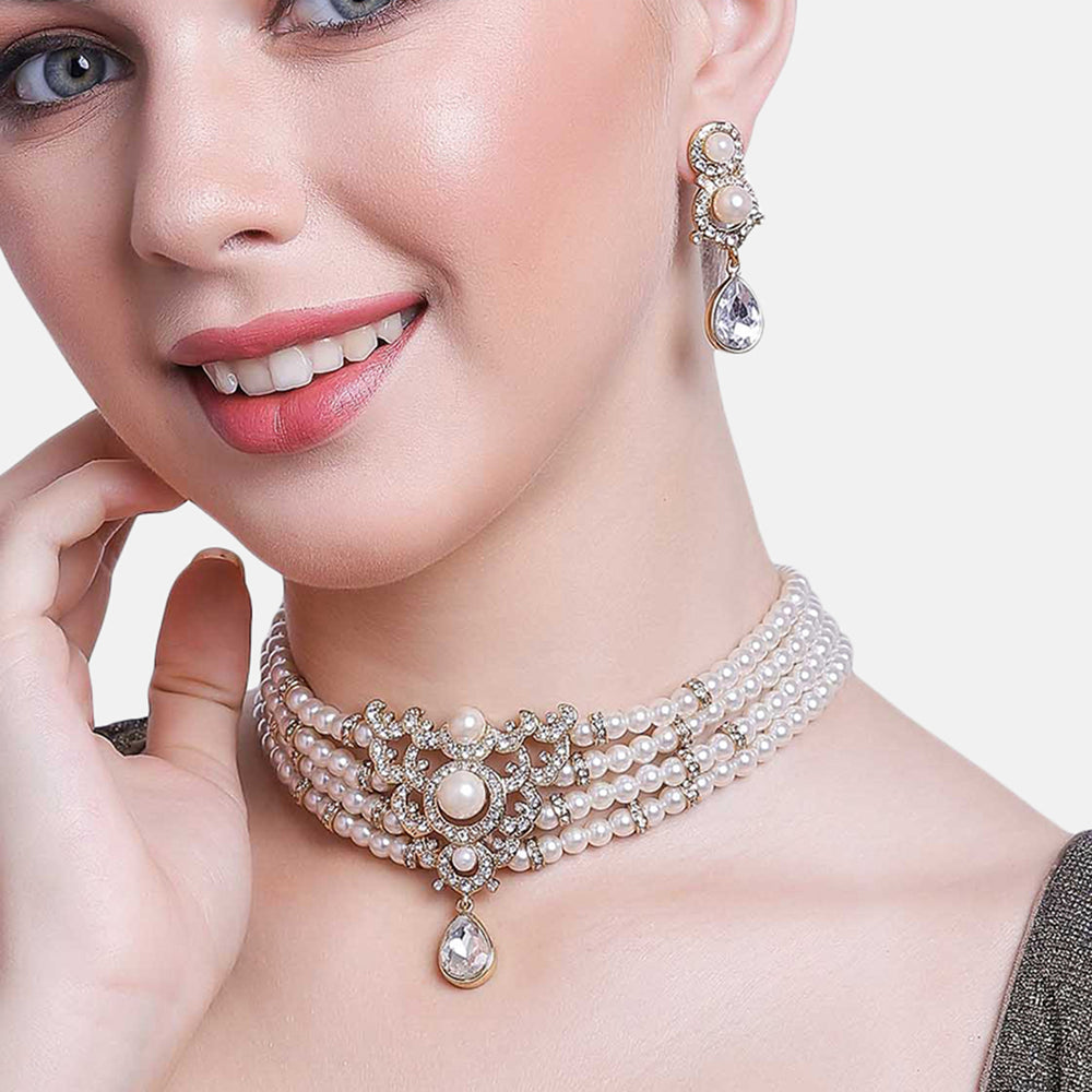 Estele Gold Plated- Elegant Pearl and Diamond Choker Necklace set for Women