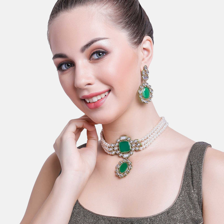 Estele Stunning Emerald and Kundan Choker Set with Pearls for Women