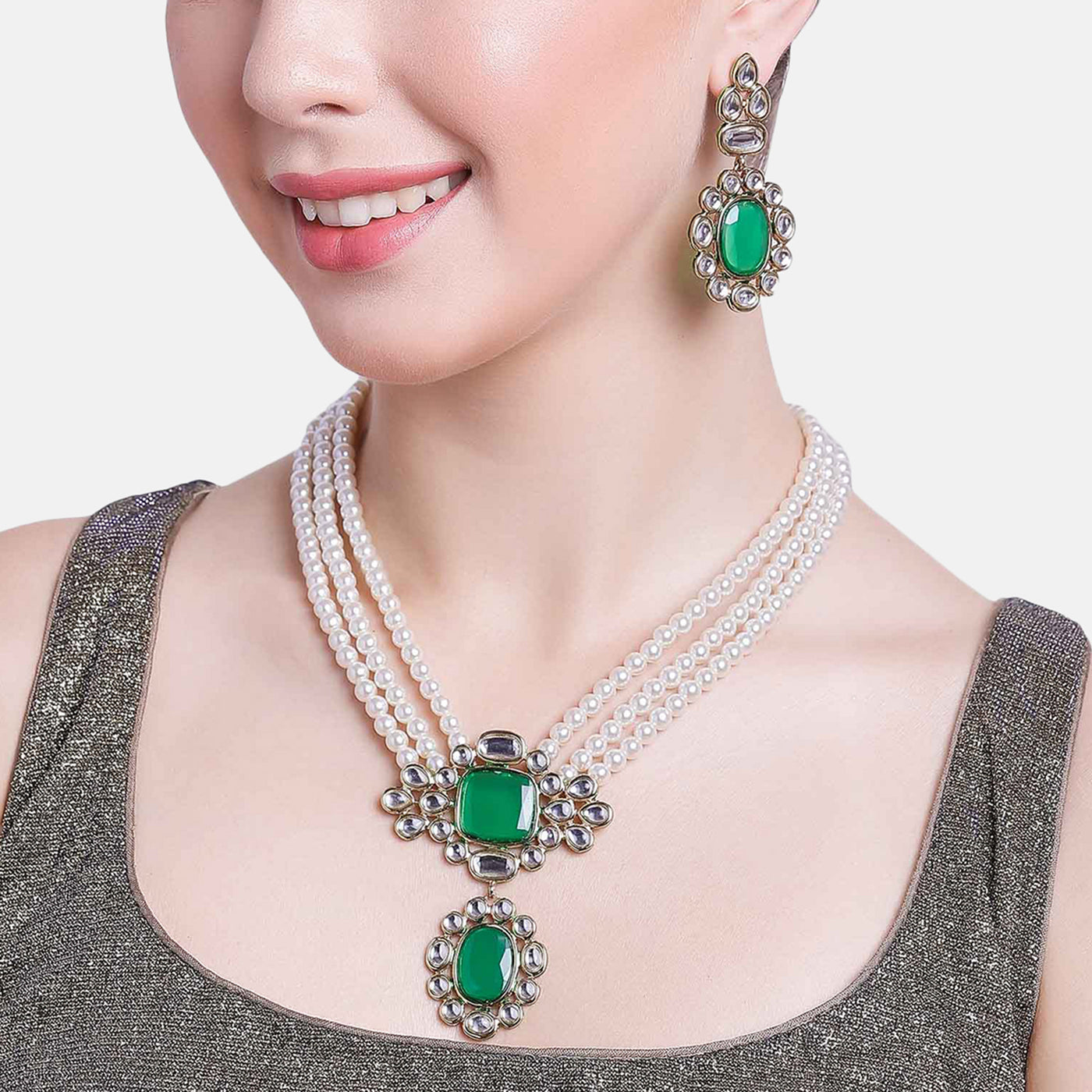 Estele Pearl With Mirror Kundan Long Haar  necklace set for women