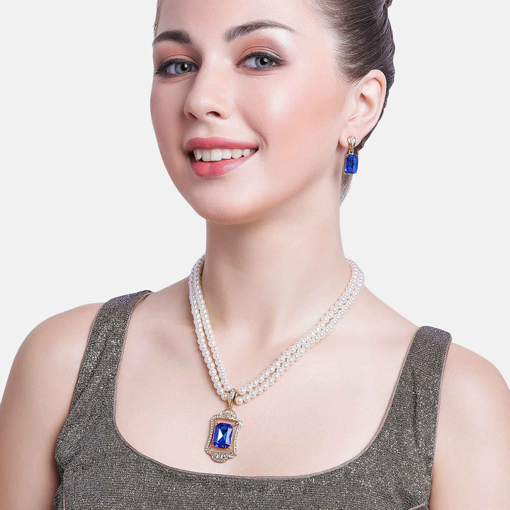 Estele Gold Plated Sparkling Pearl Necklace Set with Blue Stones for Women & Girls