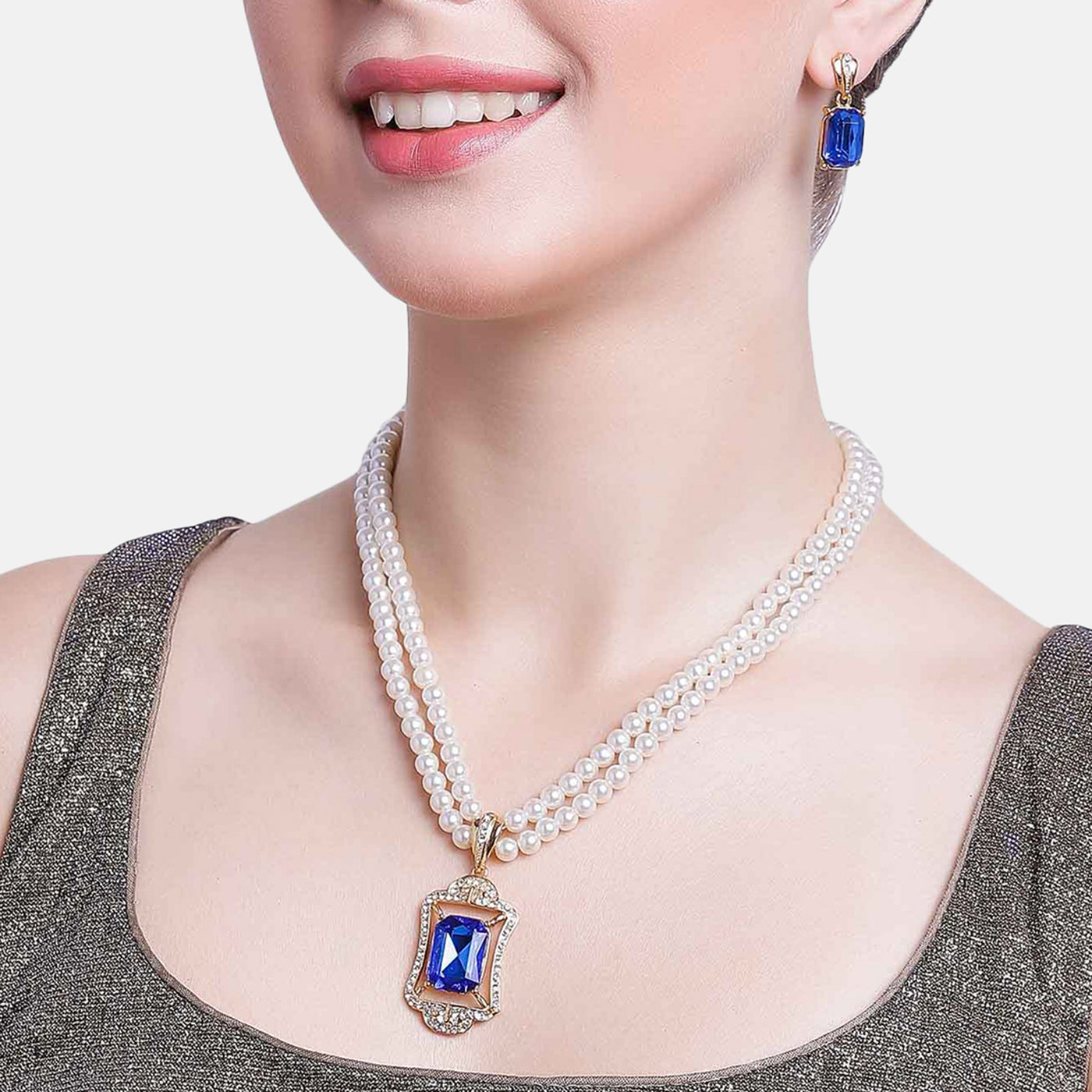 Estele AD Crystal Pearl Necklace Set with blue stones for Women & Girls