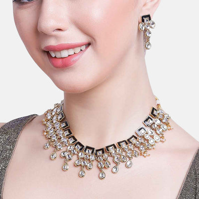 Estele - Traditional Gold Plated Kundan Necklace set with Black enamel