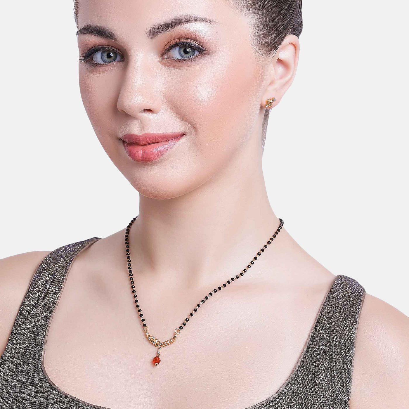 Estele Gold Plated CZ floral wave Designer Mangalsutra Necklace Set with Ruby Bead for Women