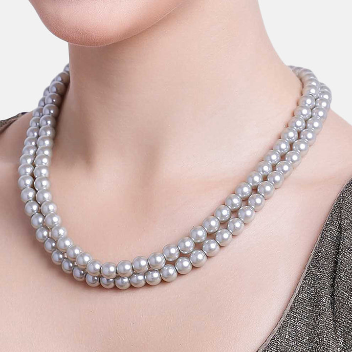 Estele Gold Plated Sparkling Grey Double Line Pearl Necklace for Women